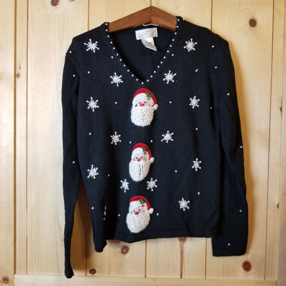 Vintage Mandal Bay Black Santa Snowflake Beaded Ugly Christmas Sweater